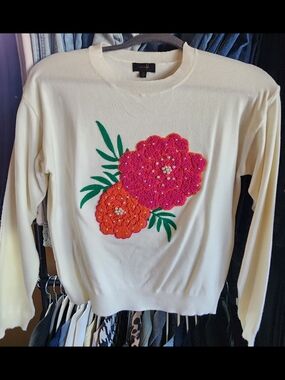 Twelve by Twelve Cream Sweater with Pink and Orange Floral Appliqué